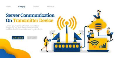 comunicación del servidor en el dispositivo transmisor. transmisor distribuye datos de la base de datos. concepto de ilustración plana vectorial, se puede utilizar para, página de destino, plantilla, interfaz de usuario, web, página de inicio, cartel, banner, volante vector