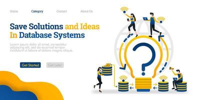 Save Solutions and Ideas in Database System. find solutions and store them in database. Vector flat illustration concept, can use for, landing page, template, ui, web, homepage, poster, banner, flyer