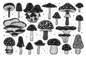 Big set of forest mushrooms. Ink vector illustration. Linocut print.