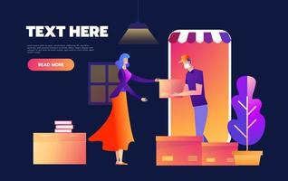 Online shopping on internet using mobile smartphone. Fast delivery concept vector illustration in flat style design. Courier stays in shop door that looks like phone and gives parcel to customer