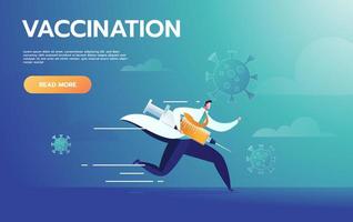 Doctor runs with syringe. Vaccination against virus, needle and drug, vector illustration.