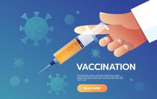 Get your flu shot. Doctor hand with syringe. Medicine and vaccination, bottle injection, vector illustration.