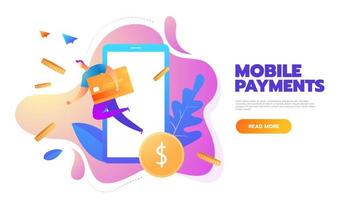 Ilustración de vector de estilo de diseño plano de smartphone moderno con procesamiento de pagos móviles desde tarjeta de crédito. concepto de banca por Internet.