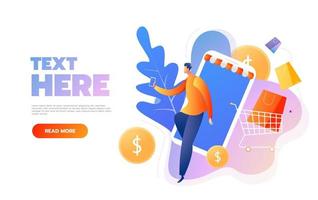 Smiling man character with shopping bags. Happy shopper. Online shopping isometric concept. Big Sale. Flat vector illustration