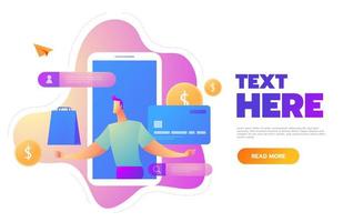 Online shopping person interacts with shop. Landing page template. Flat isometric vector illustration.