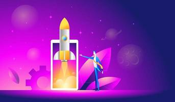 Launch of a mobile application isometric illustration. Takeoff rocket or spacecraft over the mobile phone vector