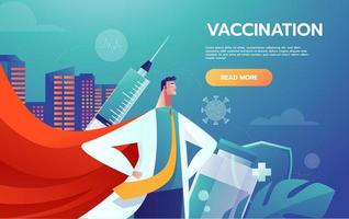 Doctor Hero in a Red Cloak Stands Vaccination Concept vector