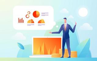 Business man showing presentation to audience with data and graph statistic. Flat Isometric Design illustration. vector