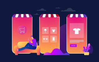 Coronavirus Epidemic Quarantine. Young Man Shops Online. Consumerism on Smartphone Mobile App. Buy at Home. Survive COVID 19. Flat vector illustration