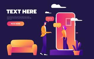 Stay at home concept flat style vector illustration. Young couple making video call working and chatting.