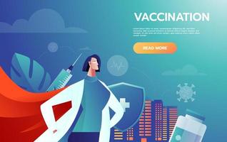 Héroes médicos líder luchando contra los síntomas del coronavirus. ilustraciones vectoriales de doctor hero. médicos que luchan contra los síntomas del covid-19 con la vacuna antivirus. vector