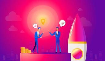 Startup business illustration. Businessmen makes an agreement on idea before launching rocket. Innovation technology start up. vector