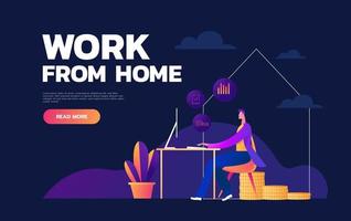 Work at home during an outbreak of the COVID-19 virus. People work at home in quarantine to prevent a viral infection. Man works on laptop at home. Vector illustration flat style