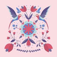 folk art scandinavian colourful pattern with flowers and colibri vector