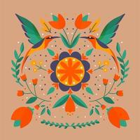 Floral Folk art with birds square pattern in modern style, Scandi vector illustration