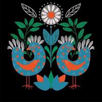 Arte popular floral con patrón cuadrado de pájaros en estilo moderno, ilustración vectorial scandi vector