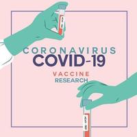 Hands wearing gloves holding coronavirus test tube with blood sample or virus vaccine. vector