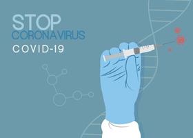 Stop coronavirus outbreak. Gloved hand holding syringe. vector
