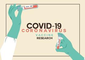 Vector illustration of hands wearing gloves holding coronavirus test tube with blood sample or virus vaccine.
