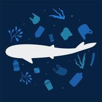 Ocean plastic pollution in shark's habitat. vector