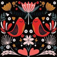 folk art scandinavian colourful pattern with flowers and birds vector