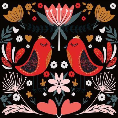 folk art scandinavian colourful pattern with flowers and birds