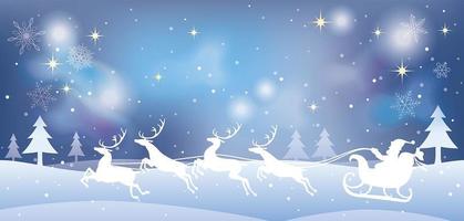 Christmas illustration with Santa Claus and reindeers in a snowy forest. vector