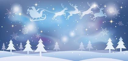 Christmas illustration with Santa Claus and reindeers flying over a snowy forest. vector