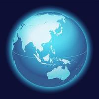 World Globe Map. China, Australia, Eastern Asia Centered Map. Blue Planet Sphere Icon On A Dark Background. vector