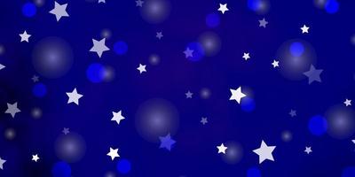 Dark BLUE vector background with circles, stars.