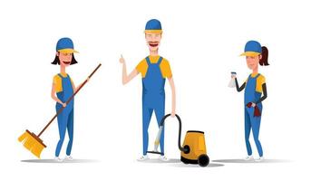 Cleaning service staff smiling cartoon characters isolated on white background. Men and women dressed in uniform vector illustration in a flat style. Cute and cheerful maids and housekeeping concept.