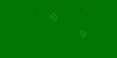 Fondo de vector verde claro con corazones brillantes.