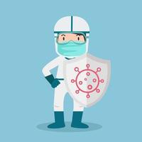 Worker with hazmat suit and shield for covid-19 vector