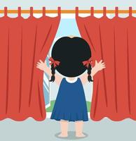 Girl opening window curtains vector