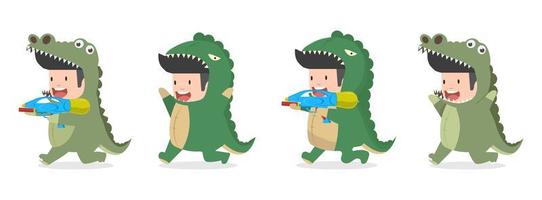 caricatura, niño pequeño, en, cocodrilo, y, dinosaurio, disfraz, conjunto vector