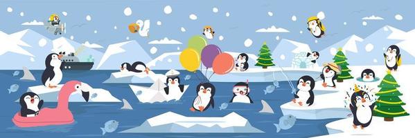 Penguin family having fun on the Artic landscape background vector