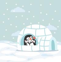Cute penguins family in an igloo ice house