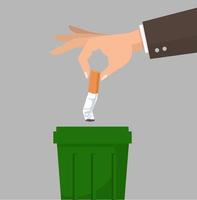 Hand throwing a cigarette in the trash bin vector