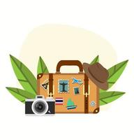 Travelling Suitcase with Summer Hat and Camera vector
