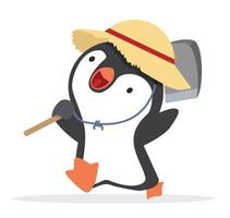 pingüino feliz sosteniendo una pala con sombrero de granjero vector