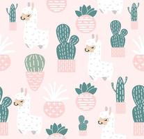 Cute llama with cactus seamless pattern background vector