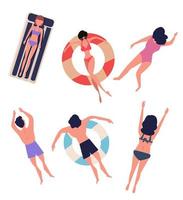 People floating on the pool top view vector