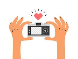 hands holding a camera with blank screen template vector