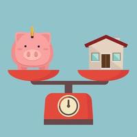 Piggy bank and house on weighing scale vector