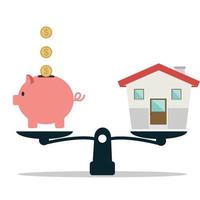 Piggy bank and house on weighing scale vector