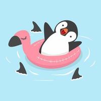 pingüino nadando en un flotador de flamencos con tiburones alrededor vector