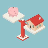 Isometric piggy bank and house on weighing scale vector