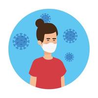 woman using face mask with particles covid 19 in frame circular vector