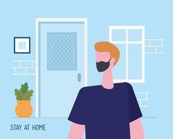 campaign stay at home with man using face mask vector