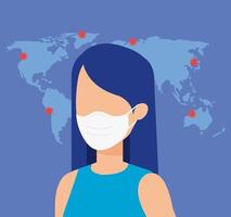 young woman using face mask and particles covid 19 with world map vector